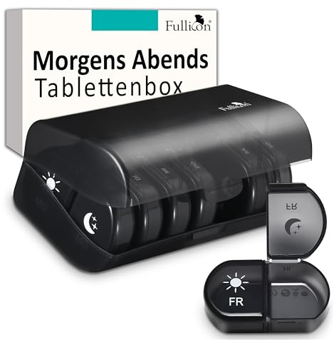 Fullicon Tablettenbox 7 Tage, Pillendose 2x Täglich, Schwarz | Fach für 6 Fischöle oder 10 Vitamine, Ein-Finger-Öffnung, Doppelt Sicherer Verschluss, Robuste Scharniere