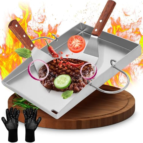 Plancha Edelstahl Grillplatte – Grillen auf höchstem Niveau | Robuster Edelstahl, 2x Grillspachtel mit Akazienholzgriff – Perfekte BBQ-Ergebnisse dank Profi-Zubehör garantiert!