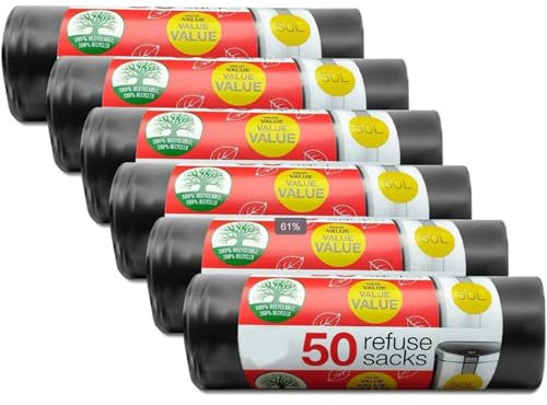 KAV Robuste Müllsäcke – 50 l schwarze Müllbeutel, extra stark & dick, auslaufsicher, geruchsfrei, ideal für Küche, Büro, Outdoor & gewerbliche Abfalleimer – 6 Stück