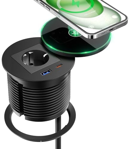 Ciabatta elettrica da incasso con USB C PD 30 W e 15 W, ricarica wireless, presa da incasso con USB e coperchio, presa a scomparsa con USB per mobili, piano di lavoro, cavo da 2 m, colore nero