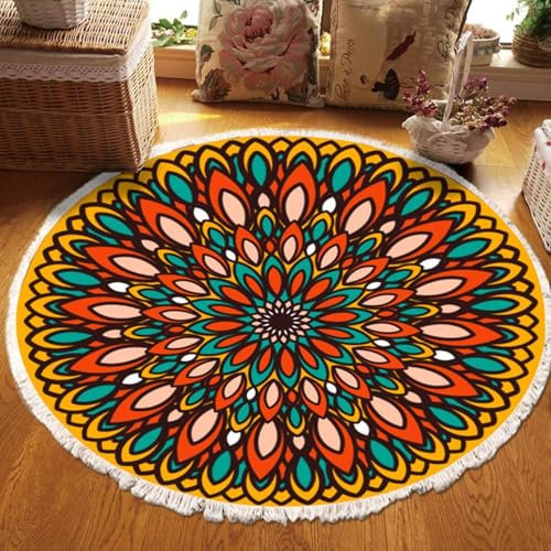 Homxi Aussenteppich Rund 80 cm, Flickenteppich Polyester, Mandala Muster mit Quasten, Teppich Balkon Orange Gelb