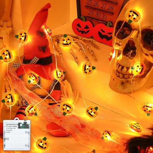 Isisyu Halloween Deko Lichterkette Innen, 3M 30 LED Orange Kürbis Halloween Lichterkette Batterie mit Timer für Herbst Party Garten Fenster Innen und Außen Deko