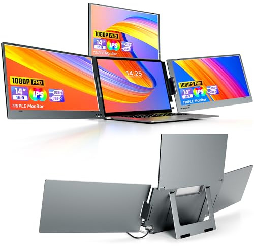 KPKUE 14 Triple Screen Extender, FHD IPS Laptop Screen Extender Monitor One USB-C cable Connecting, Dual Screen Laptop Compatible with 11.6 -15.6 Laptops(Mac Windows)