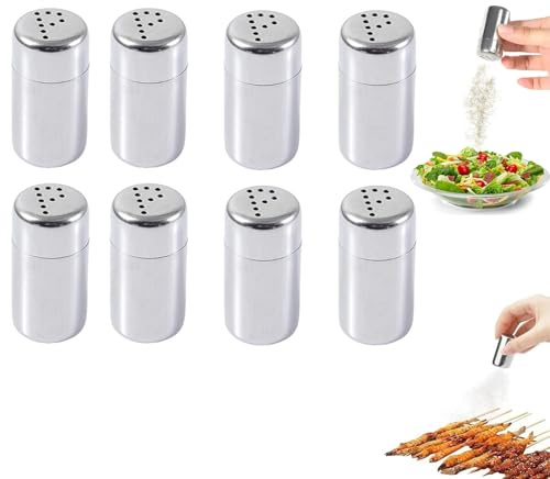 8 Pièce Shaker à Épices 5 ml, Mini Petites Salières, Bouteilles d'Épices de Voyage, Salière et Poivrière, Acier Inoxydable, Convient pour les Restaurants, le Camping et le Barbecue en Plein Air