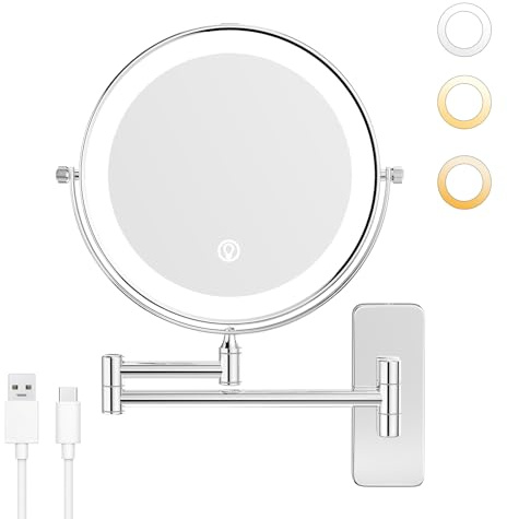 Nicesail - Specchio cosmetico da parete con illuminazione e ingrandimento 5X - Ricaricabile - Luce a 3 colori - Luminosità regolabile - Controllo touch - Cromo - Specchio da bagno con ingrandimento