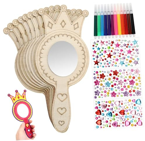 MUELODSIC DIY Holzspiegel Bastelset für Mädchen mit Kronen Spiegeln aus Holz Aquarellstiften und Glitzeraufklebern Handgefertigtes Bastelset für Geburtstagsdeko und Kreative Raumgestaltung