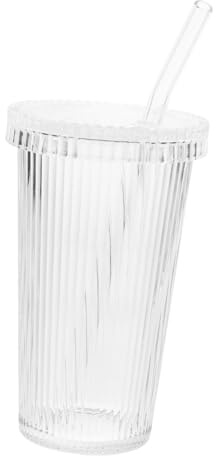 Cabilock Verre à Boire Verre Transparent Avec Rayures Droites Couvercle Et Paille Tasse Réutilisable Pour Café Thé Jus Lait Pour Maison Et Bureau