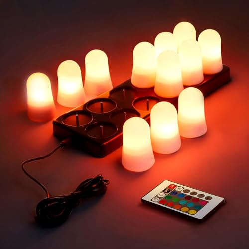 12er LED Teelichter Wiederaufladbar, RGB Elektrische Kerzen Aufladbar Flackernd mit Ladestation, Fernbedienung, 16 Farben, Extrem Lange Akkulaufzeit für Halloween, Weihnachten, Zimmer und Party Deko