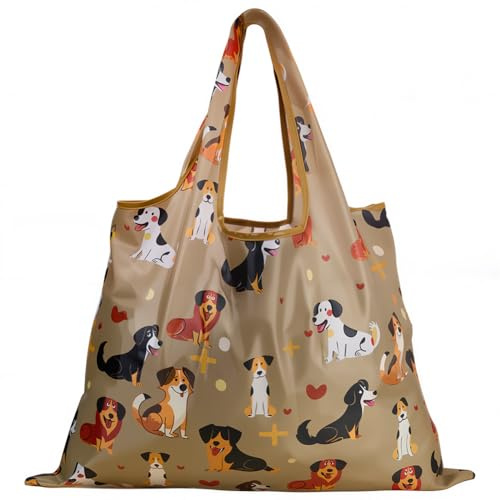 CREATCABIN Wiederverwendbare Einkaufstasche Hundemotiv Faltbare Einkaufstaschen Große Tragetaschen Mit Griffen Strapazierfähiges Waschbares Polyester Geschenke Für Frauen Arbeit Strand Urlaub 42x56cm