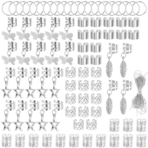 Ouligay 90pcs Silver Hair Cuffs Charms Rings for Braids, Hair Jewellery for Braids, Adjustable Braid Clips Dreadlock Accessories Pieces Jewelry for Men Women Festival