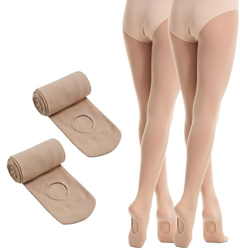 viiotu 2 Pairs 60D Girls Ballet Tights - Ultra Soft Convertible Dance Tights with Elastic Waist & Reinforced Crotch