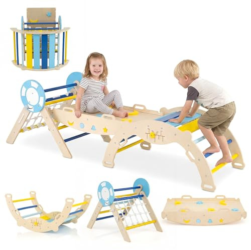 COSTWAY 8 en 1 Triangle d'escalade Enfant Pliable sur Thème Maritime avec Rampe & Échelle de Corde, Arche d'escalade Montessori en Bois avec 8 Blocs & Labyrinthe, Aire de Jeux Intérieur pour 1 an+