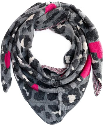 Kandharis Damen Dreiecksschal Leo Herz Muster – Weicher XXL Tuch-Schal mit pinken Herz-Akzenten Modisches Accessoire für Herbst & Winter Kuschelig & warm WS-105 (Grau)