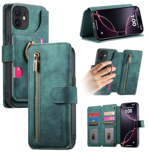 Trugox Handyhülle für Apple iPhone 11 Hülle Klappbar Klapphülle mit Kartenfächer RFID Reißverschluss Schutzhülle Ringhalter Ring Ständer Handytasche Leder Wallet Case - Grün