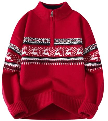 Generisch Maglione da uomo, slim fit, con chiusura lampo, giacca di lana calda, maglia grossa, maglione unisex islandese, modello islandese, giacca norvegese, S4 rosso, M