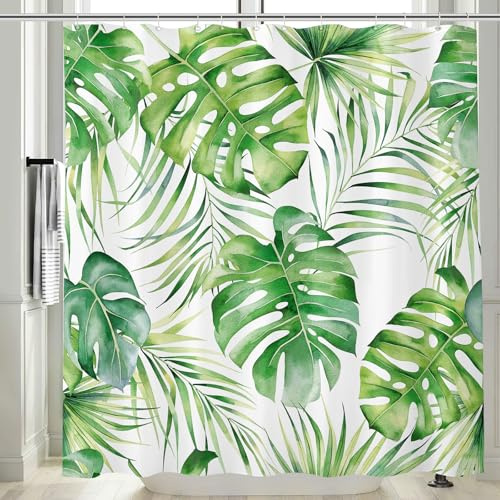 Vgzsyomqib Tenda Doccia Antimuffa Tessuto Impermeabile Tenda per Doccia Grande con Anelli Lavabile Lavatrice 240x200 Foglie di Monstera e Palme Tende Vasca da Bagno di Stoffa, Verde 02