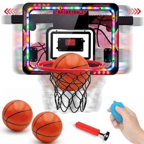 VATOS Indoor Moving Basketball Hoop for Kids, Over The Door Basketball Hoop with LED Light/Scoreboard/Balls, Remote Control Basketball Toy Fun Game Gift for Boys Girls Kids 6-12, Teens & Families