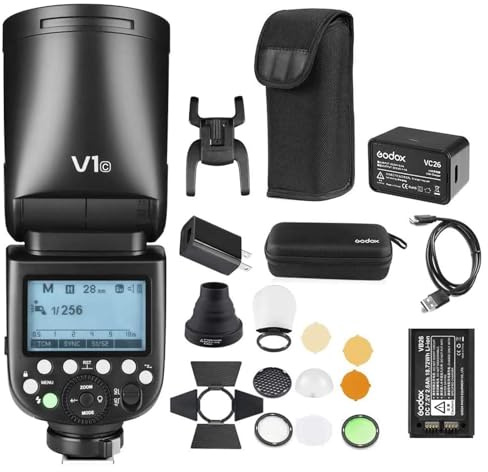 Godox V1-C Canon Flash Speedlite, 76Ws 2.4G High-Speed Sync 1/8000s 2600mAh Li-ion Battery Round Head V1 Canon Speedlight with Godox AK-R1 for Canon