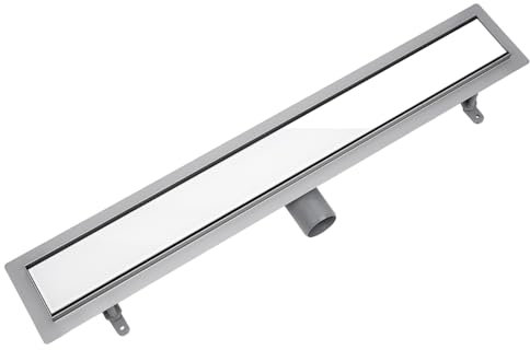 VOGI Duschrinne Edelstahl Komplettset Weißes Glas Haarsieb Rinne mit Siphon Montagefüße Inklusive mit Dichtmanschette Doppelkammer Bodenablauf Länge 90 cm