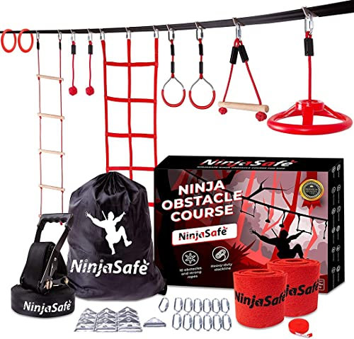 Ninja Hinderniskurs für Kinder Hinterhof – 10 robuste Hindernisse und 15,7 m Slackline – Outdoor-Spielset Ausrüstung für Mädchen & Jungen mit Kletternetz & Leiter, Rad, Kriegergymnastik & Affenstangen