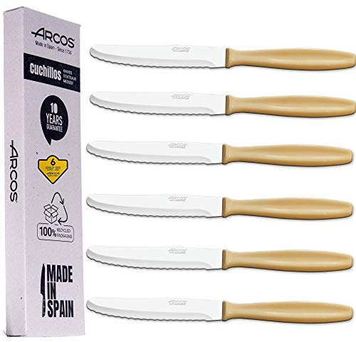 Arcos Juego Cuchillos Mesa | 6 Uds | Cuchillo Postre | Cuchillos Mesa | Cuchillo Carne | Hoja 105 mm | Acero Inoxidable Martensítico | Mango Polipropileno | Apto lavavajillas | Envase Ecológico