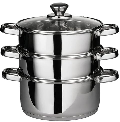 22 cm Deluxe Steamer Cookware Set with Glass Lid & Handles Stainless Steel Pan 3 Tier Pot CAPSULATED Bottom Prima Kitchen Home Cook Chef Healthy Veg Cooking Housewarming Gifts UK Free P&P
