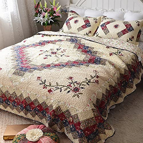 Handgemachte Patchwork Tagesdecke Bedspread Quilt Einzel Doppel High-End 100% Baumwolle Gesteppte Bettdecke 3PCS Bettwäsche Set Dekoration Multifunktionsdecke + 2 Kissenbezug,B-230x230cm+50x70cmx2