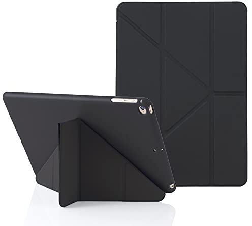 MuyDouxTech Fodral för iPad 9,7 tum 6a/5a Gen (2018/2017) och iPad Air 9,7 tum 1a/2 Gen 2013/2014, vertikalt och horisontellt 5-i-1-stöd, silikonskydd och TPU-baksida, svart