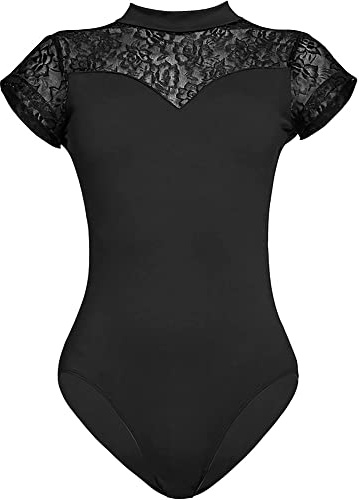HilyBony Women Ballet Leotards Black-Lace Short-Sleeve with Elegant Swan collar Dance-Gymnastics Yoga-Leotards (Black, Large)