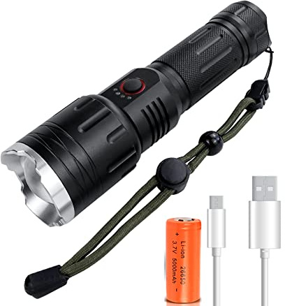 Torche LED puissante, Lampe de poche LED super lumineuse 20000 Lumens, rechargeable par USB, lampe tactique LED 30W, Zoomable Réglable Lampe de Torche Imperméable à l’eau pour la randonnée