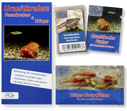 Triops longicaudatus (Black Beauty) Starterset, Eier, Futter und Anleitung | Urzeitkrebs-Eier in Sand, Aufzuchtfutter, Hauptfutter und Anleitung, Nachfüllset, Triops züchten, Triopszucht, Triopseier