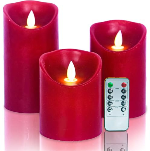 VETOUR Flammenlose Rote LED-Kerzen 3 Stück Batteriebetriebene Flackernde Kerzen H4 12,7 cm 15,2 cm D3.15 Echtwachs Stumpenkerzen mit 10-Tasten-Fernbedienung und Timer für Zuhause, Party