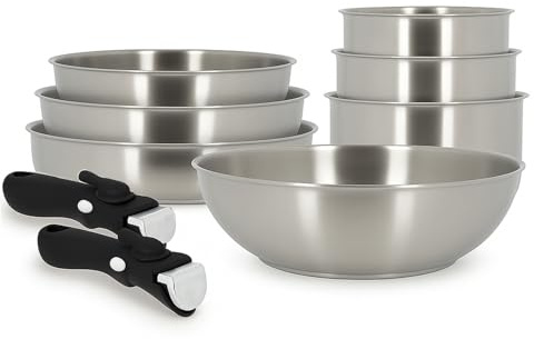 MENASTYL - Batterie de cuisine inox 18/10 amovible 9 pièces Iris Inox sans PFAS - Tous feux dont induction, four, réfrigérateur et lave-vaisselle - Empilable et résistante - Poignée double sécurité