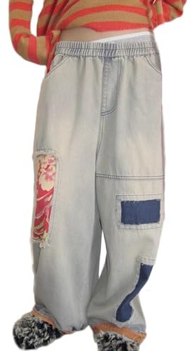 NFYM Jean court patchwork effiloché pour femme - Taille élastique - Jambe large avec poches, blanc/bleu, Taille Unique