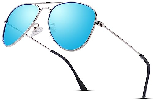 LOJUDI Gafas de sol piloto para niños y niñas, con espejo polarizado, marco de metal con protección UV400, para niños de 3 a 12 años, Marco plateado/espejo azul