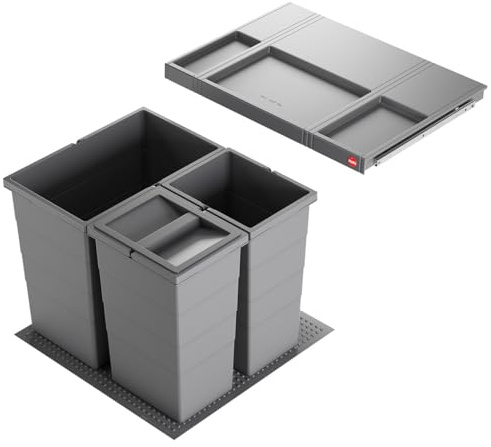 Hailo Abfallsammler 3301681 Einsatz | Allegro Abfalleimer 3fach flexiebel | Einbau Mülleimer passend in 60 cm Schrankauszug | Antirutschmatte Inneneimer und Deckel Höhe 430 in Kunststoff Dunkelgrau