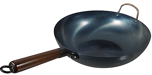 Zerodeko Poêle Wok de Cuisine Profond Wok de Cuisson avec Manche Bois Poêle à Frire à Griller Traditionnel Ustensile Polyvalent
