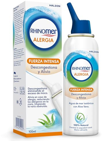 Rhinomer Alergia Spray Nasal 100% natural, Agua de mar isotónica con Aloe Vera, descongestiona y alivia en caso de alergia, Fuerza Intensa para adultos, 100 ml