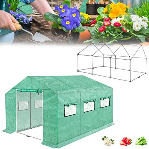 HENGMEI Gewächshaus Aluminium Foliengewächshaus für Außenbereich 4.5 x 2 x 2 m Gewächshaus-Kit mit Tunnel Tür und Fenstern für Garten Pflanzenanbau, Grün
