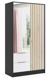 ALTDECOR Kleiderschrank mit Spiegel und selbstschließenden Flügeltüren mit Lamel - NERA - 100 cm Schwarz/Weiß/Artisan
