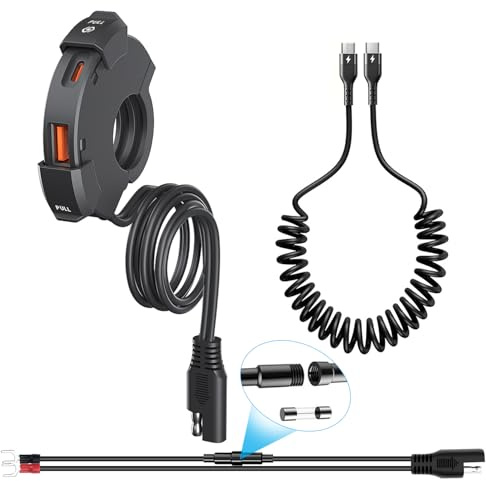 Hoembpn 48W Motorrad USB C Ladegerät 18W QC3.0 USB-A + 30W PD Type-C, IP65 Wasserdicht 12V/24V Steckdose für Motorrad Boot + 5A Spiralkabel (1M)