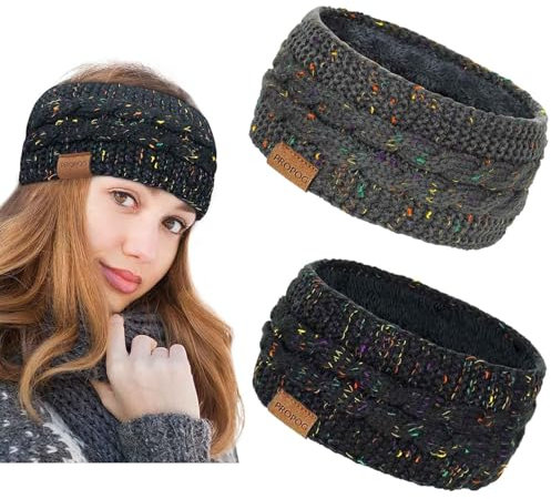 PROPOG Stirnband Damen Winter, 2 Stück Strick Ohrenwärmer Damen Verdicken Haarband Gefüttert stirnbänder Fleece Kopfband Warmes Headband Weihnachtshaarreif Accessories für Laufen Workout Skifahren