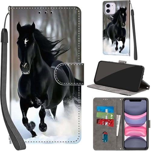 PHINIENLAND Handyhülle für iPhone 11 Leder Wallet Tasche Schwarzes Pferd | 3 Kartenfächer & 1 Geldfach, Magnetverschluss, Ständerfunktion, robuste premium PU leder klapphülle für iPhone 11