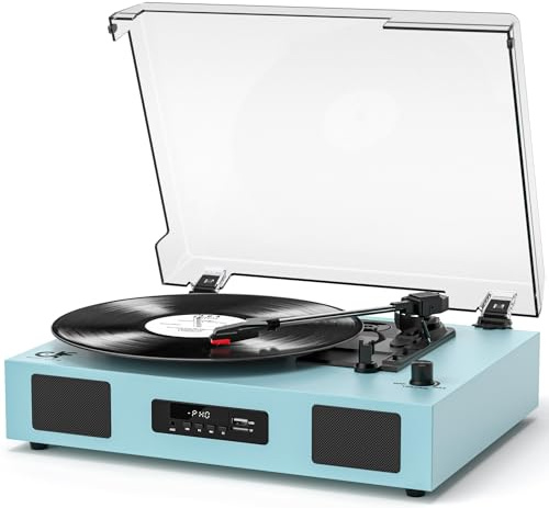 Vinyl Record Player Vintage Wireless Bluetooth Record Player with Enhanced Speakers, USB Recording, LP Player with 3-Speed Belt Drive Turntable Support RCA Line-Out AUX Input EQ,Blue