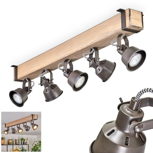 HOFSTEIN Deckenleuchte Pehefito, 5-flammige Deckenlampe aus Metall/Holz in Grau/Natur, verstellbare Leuchte im Industrial/Retro/Vintage-Design mit Holzbalken, GU10, Esszimmer, Wohnzimmer, Küche, Flur