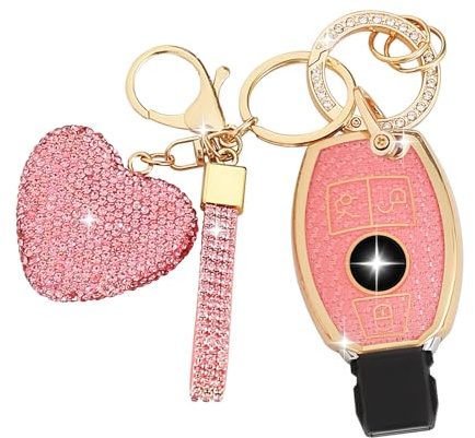 ZVRSUA Coque de Clé de Voiture pour Mercedes Benz Clés de Voiture avec Porte Clés Voiture Amour Strass Compatible avec Benz A/B/C/E/G/R/S Classe GLA GLC GLE GLK SLK CLA CLK CLS AMG W203 W204