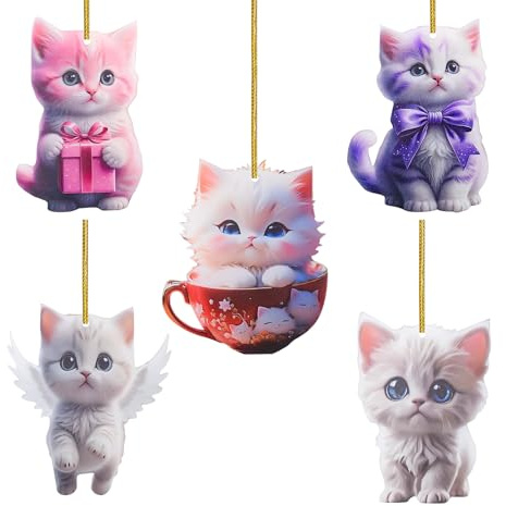 5 PCS Klein 2D Acryl Katze Weihnachts Baum Anhänger Basteln Set Mini Lustig Bunt Weihnachtsdeko DIY Tasche Charm Personalisiert Geschenk Zubehör für Schlüsselanhänger, Kett, Haus, Wand, Party Deko