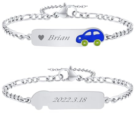 VNOX Bracelet Enfant Securite Gourmette Personnalisable: Bracelet Identification Enfant Gravure de Prenom Personnalisés Bracelet Bébé Cadeau Bapteme Fille Garcon(S-Voiture)