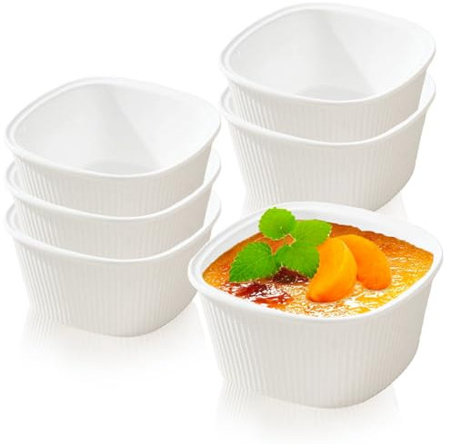 Juego de 6 cuencos de crema Brulee, color blanco, aptos para horno, antiadherentes, 210 ml, para cupcakes, gofres, pudín, carne, huevos, leche