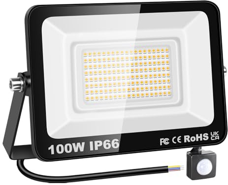 YOJZMA Projecteur LED Extérieur avec Détecteur de Mouvement, 100W 10000LM | Sans Prise, PIR, blanc chaud 3000K, IP66 étanche, éclairage sécurité extérieur pour jardin garage cour terrain sport porche